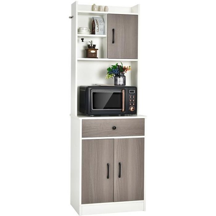costway buffet de cuisine meuble cuisine rangement avec 3 portes et 1 niche de rangement, passe-câble 60 x 40 x 180 cm blanc