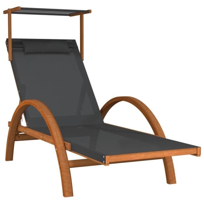 bll chaise longue avec auvent gris textilène/bois massif peuplier 7592073313543