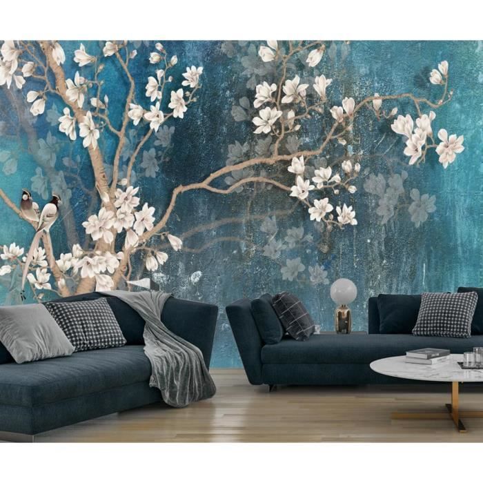Papier Peint Panoramique 3D Soie, 200 X 150 Cm Magnolia Bleu, Oiseau ...