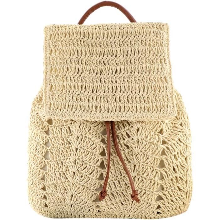 ISAKEN Sac à Main En Paille Pour Femmes, Rond Sac De Plage Panier En Rotin Tissé Sac à Bandoulière D'été Fourre-Tout Sac D'épaule Pour Voyage Vacances Achats Et Prendre Des Photos