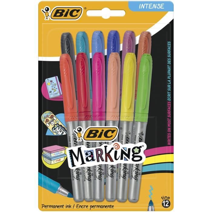 BIC Marking Onyx 1482 – 12 Marqueurs Permanents Noirs Pointe Large Ogive – Indélébiles Pro