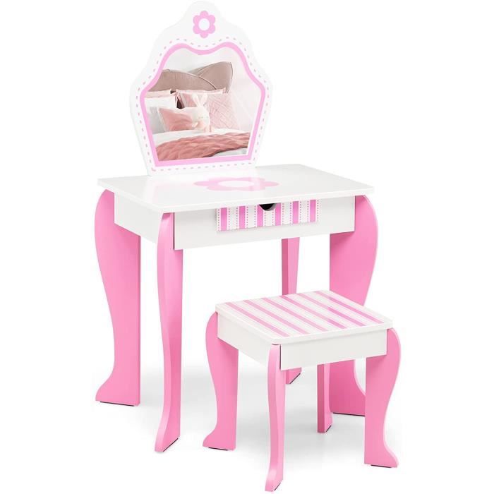 Coiffeuse Enfant Fille Avec Lumière LED Et Chaise - Table Maquillage Avec Tiroir, Miroir Et Organisateur Bijoux - Pour 3-8 Ans, Rose