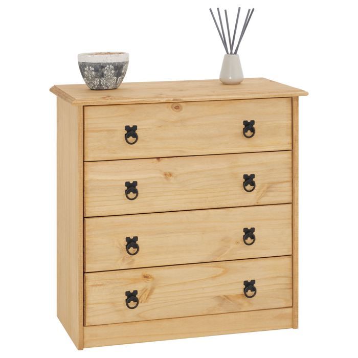 Commode en pin BARRIO 4 grands tiroirs buffet bahut vaisselier en bois style mexicain finition teintée et cirée Commode en pin BARRIO 4 grands tiroirs buffet bahut vaisselier en bois style mexicain finition teintée et cirée