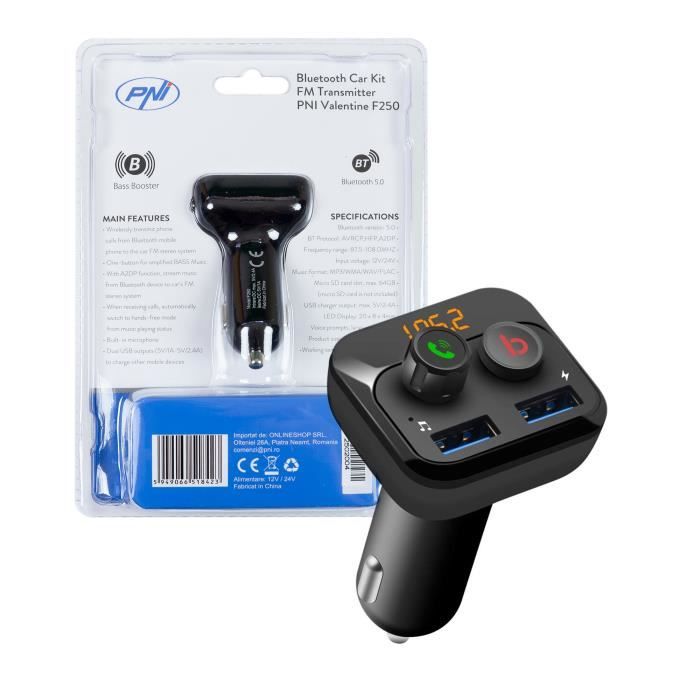 Modulateur FM PNI Valentine F250 Bluetooth 5.0, Lecteur MP3, émetteur FM, Fente Micro SD, Double Port USB, appareils Mobiles à Charg