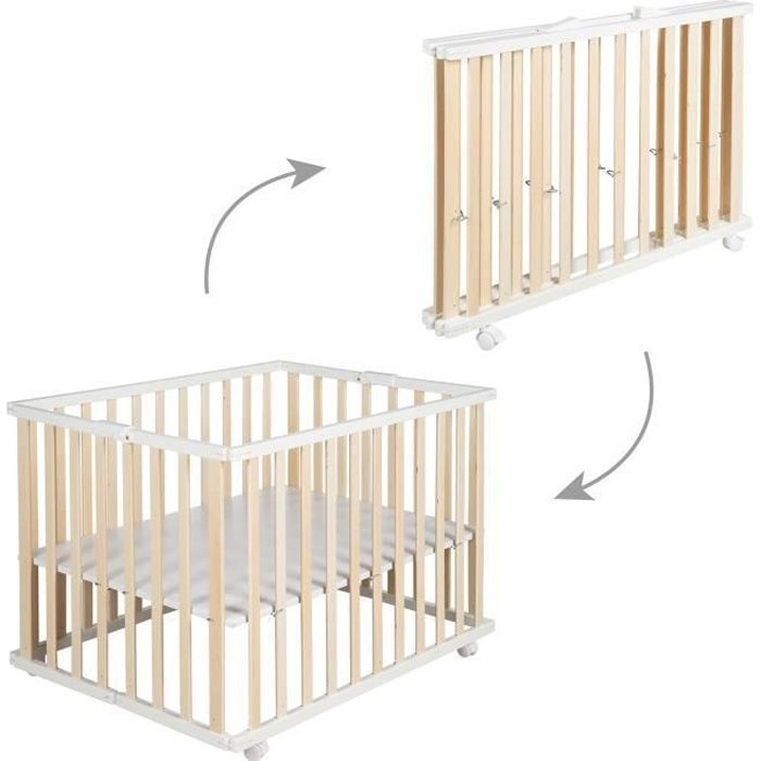 Parc+bebe+pliant+-+ROBA+-+75+x+100+cm+-+Reglable+en+hauteur+-+Roulettes+-+Bois+/+Blanc
