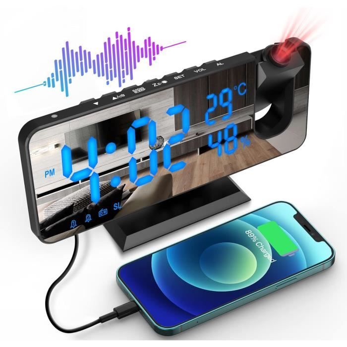Réveil Projecteur Plafond - Radio FM, Affichage Température/humidité, USB, 4 Luminosités, Cadeau Noël