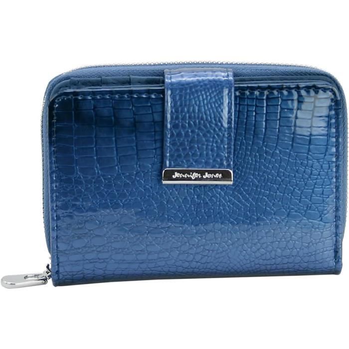 Jennifer Jones Portefeuille Cuir Véritable Femme – Aspect Croco Brillant Noir – Protection RFID – 8 Cartes + Monnaie – Cadeau Élégant