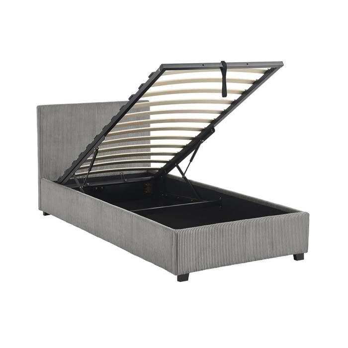 Lit coffre avec sommier à lattes et tête de lit. finition velours côtelé gris. L 202 x P 97.5 x H 86cm