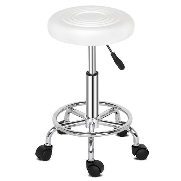 Tabouret De Bar Rond 65 Cm NMK HOME - Structure Métal Blanc, Assise Effet Chêne, Repose-pieds, Stable Jusqu'à 100 Kg