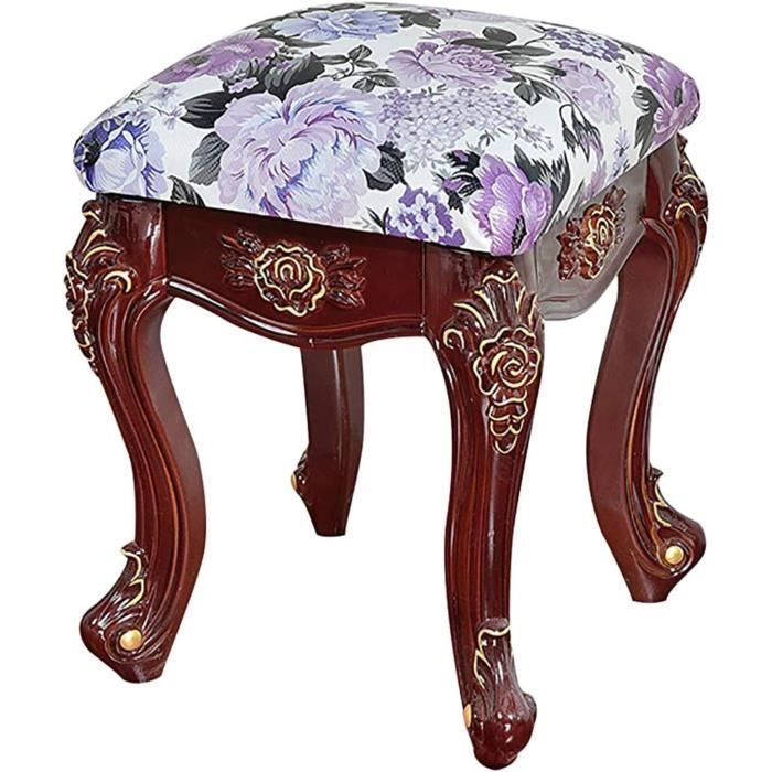 Tabouret Coiffeuse Blanc Avec Coussin - MDF Laqué - 41x30x45cm - Motif Rose - Multi-usage