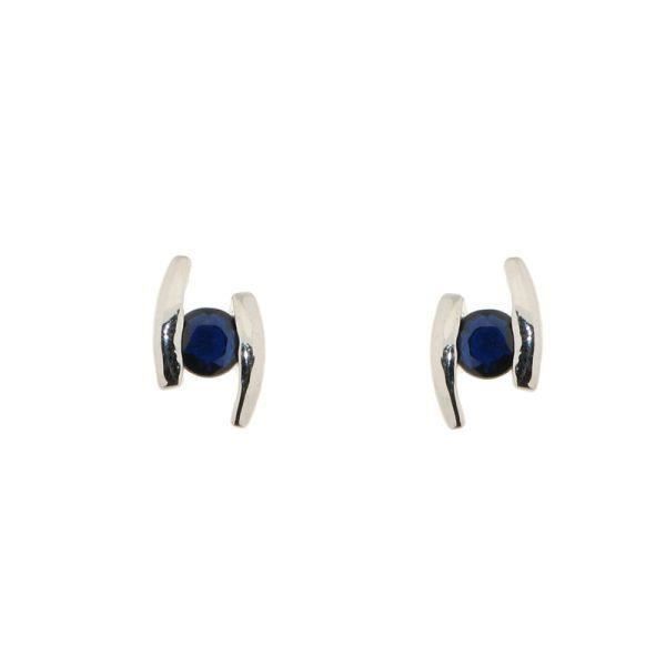 Boucles D'oreilles En Or Blanc 7K – Saphir 4 Mm Et Zircons 2 Mm, Petites Et élégantes