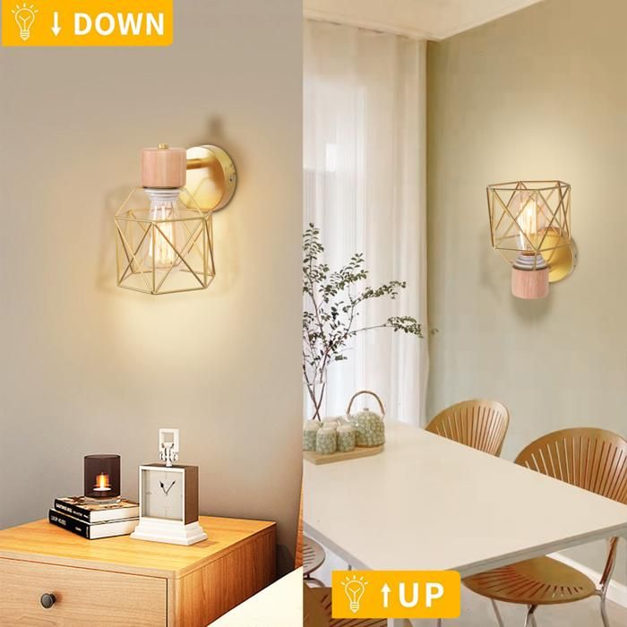 WOTTES Lot de 2 Applique industrielle en bois - Lampe Design Cage Ø14cm - Or Pour Chambre Salon Restaurant