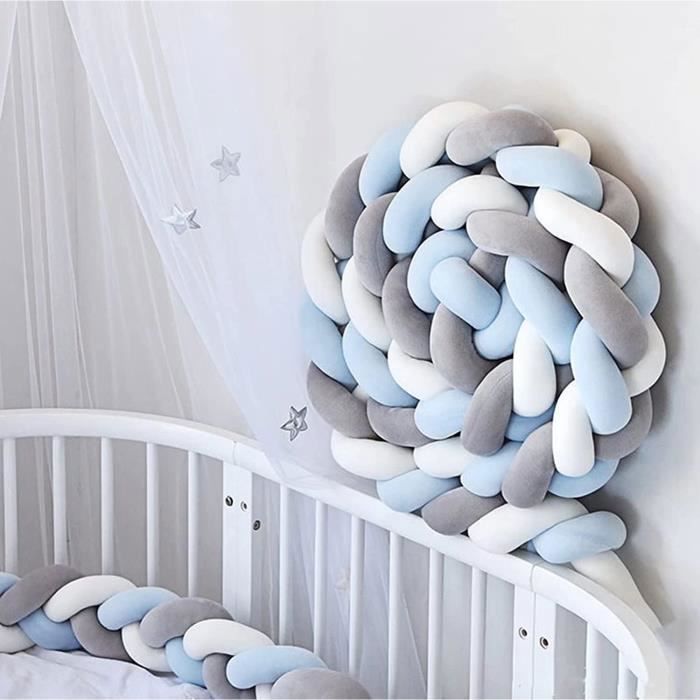 3M Tour de lit coussin Serpent Coussin Tressé pare-chocs Velours Tour de Canapé Souple 100% Fait à Main (Gris+Blanc+Bleu)