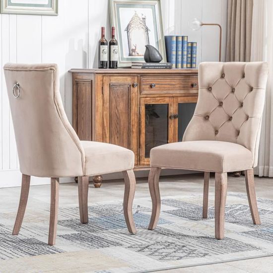Lot de 2 Chaise de salle à manger Beige en velours-Fauteuils chaises  Capitonnées-Style Classique & Design-Pieds en Bois-Salon - Cdiscount Maison