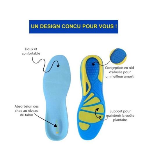 Semelles Gel Confort Homme/Femme | Sport Et Travail - Taille 42-43 Bleu