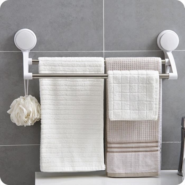Porte-serviettes à Ventouses Sans Perçage - Barre Simple Ou Double 70 Cm - Blanc - Pour Salle De Bain, Carrelage Lisse