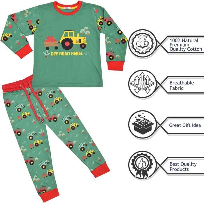 Pyjamas Enfants Filles Garcons Tracteur Contraste Haut Bas Vetements De Nuit 2 13 ans A2 Z 4 KIDS Vert
