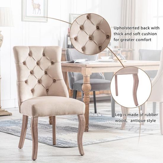 Lot de 2 Chaise de salle à manger Beige en velours-Fauteuils chaises  Capitonnées-Style Classique & Design-Pieds en Bois-Salon - Cdiscount Maison