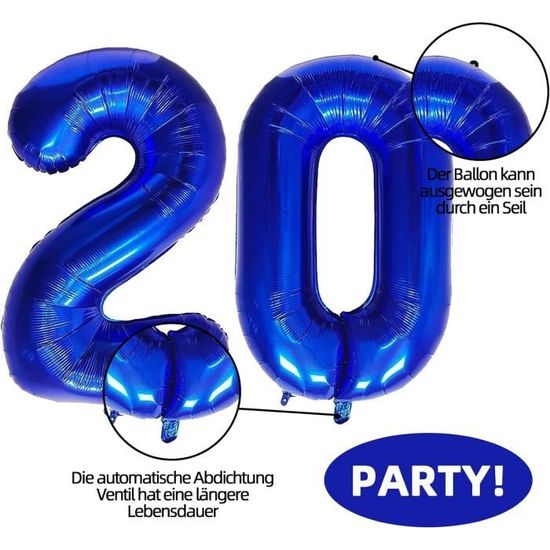 Ballon Anniversaire 20 Ans Bleus - Foil Helium Numéro Ballons