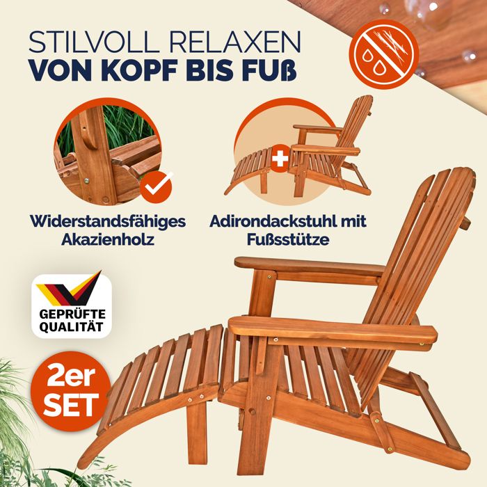 Casaria 2x Chaise longue transat Adirondack en bois d'acacia avec