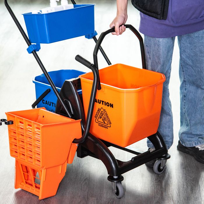 Chariot De Nettoyage Pro HOMCOM 3 Étagères - Avec Sac 100L Et Porte-Balai - Idéal Hôtels, Restaurants & Grands Espaces