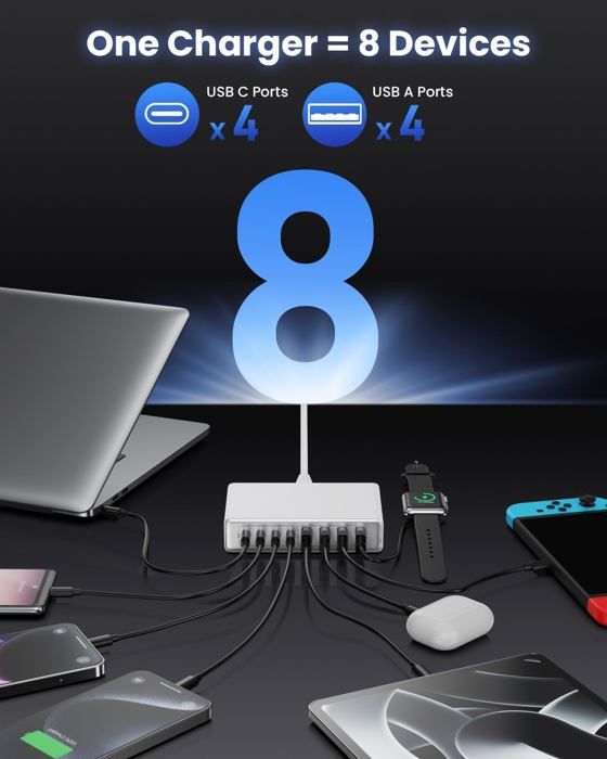 Chargeur USB-C 200W - 8 Ports - Charge Rapide QC4.0 - PD 65W - Compatible MacBook Et Smartphones - Téléphonie