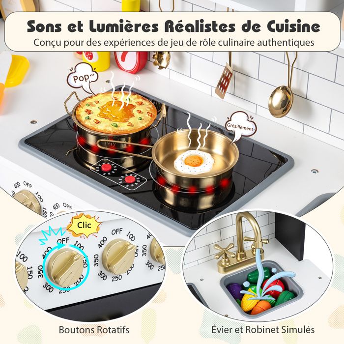 COSTWAY – Cuisine Enfant En Bois Noir – Avec Machine à Glaçons, Cafetière, Sons/lumières – 14 Accessoires Inclus – Dès 3 Ans