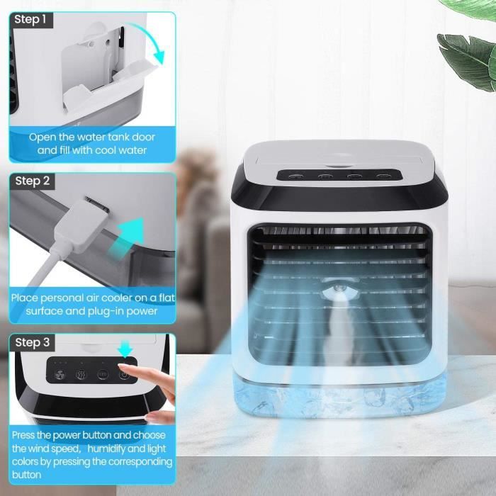 Mini Climatiseur Portable 4-en-1 USB – Ventilateur, Humidificateur, Refroidisseur + Veilleuse LED Colorée