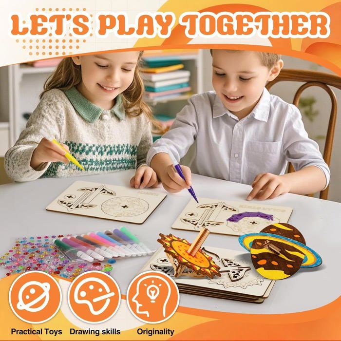 Kit Toupies En Bois à Peindre – Système Solaire, 12 Toupies + 12 Crayons + Autocollants, DIY Créatif Cadeau Enfant 5-10 Ans, Activité Manuelle
