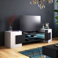 Meuble TV / Meuble de salon - GAELIN - 160 cm - blanc mat / noir mat - avec LED - style contemporain - design moderne