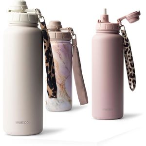 Watersy Gourde Isotherme 1,2 L avec 2 Pailles, Gobelet à Café anti-Fuite, Isotherme Sous vide avec Couvercle à vis sans BPA, Gourde Rafraîchissante Pendant 12 Heures, Lagon
