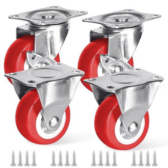 Finnhomy Lot de 4 roulettes pivotantes robustes de 7,6 cm en polyuréthane de qualité supérieure, charge de 0,5 kg, anti-usure, roulettes lisses rouges