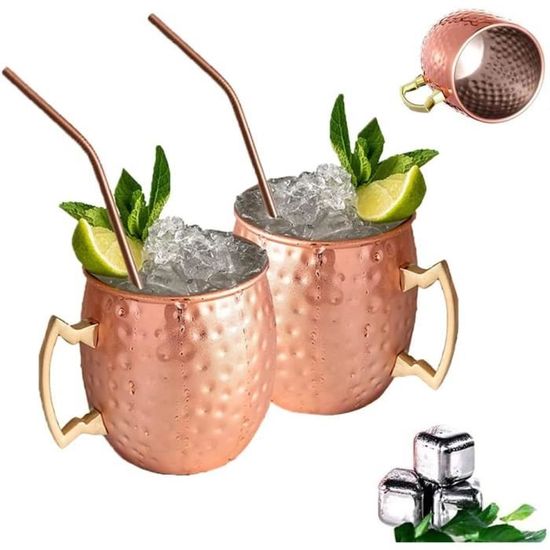 SuproBarware Lot De 2 Tasses Moscow Mule En Acier Inoxydable Martelé - Cuivre Alimentaire 18 Oz Avec Pailles Et Jigger