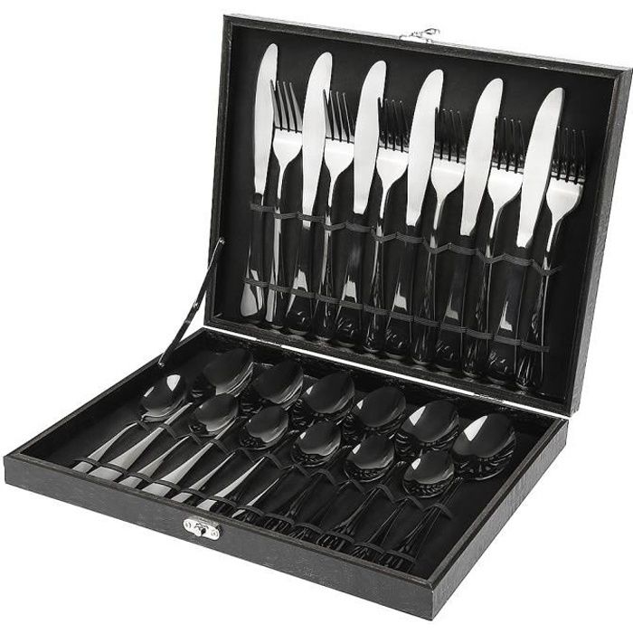 Lot de 24 Couverts de Table Noir Menagere Couverts Ensemble de Couverts Ménagère Noir avec Fourchette Couteau Cuillère, Service