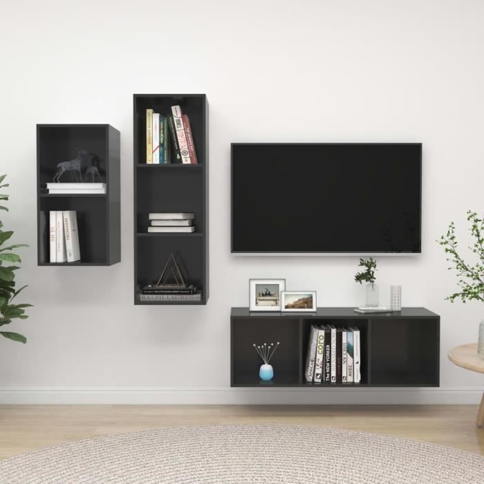 Unique MEUBLE TV MURAL COMPLET Ensemble de meuble TV 3 pcs Ensemble de meuble TV suspendu Gris brillant Aggloméré 4528