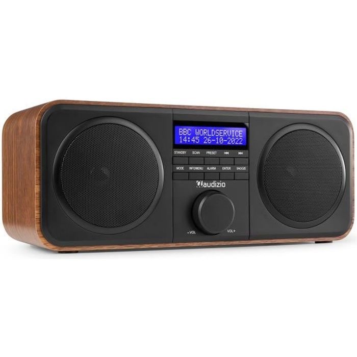 Audizio Novara radio DAB + stéréo - Bois/Noir, Radio FM, Radio réveil, Puissance 40W, Sortie casque 3,5mm, Ecran LCD