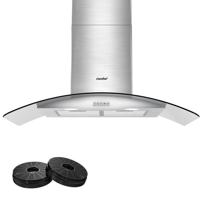 Comfee Hotte Décorative Murale 90cm 630 m³/h Débit de l'air 3 Vitesse Recyclage ou Evacuation 2 filtres à charbon En Inox Verre