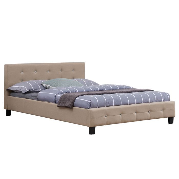 Lit double pour adulte JOSY avec sommier 140x190 cm 2 places / 2 personnes, tête et pied de lit capitonné avec strass en tissu beige
