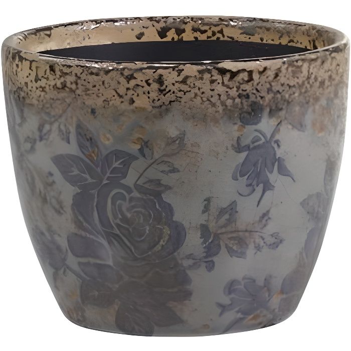 Pot Motifs Floraux Vase Pot à Crayons Broc Décoratif en Terre Cuite Emaillée dans les Tons Bleus 10x12x12cm