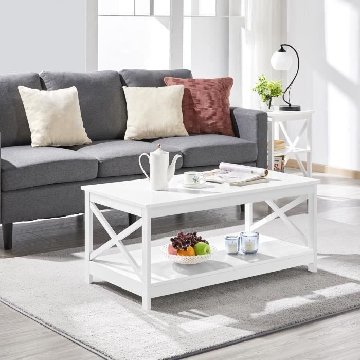 MERAX Table basse laqué blanc design X moderne, table d'appoint en bois avec étagère de rangement