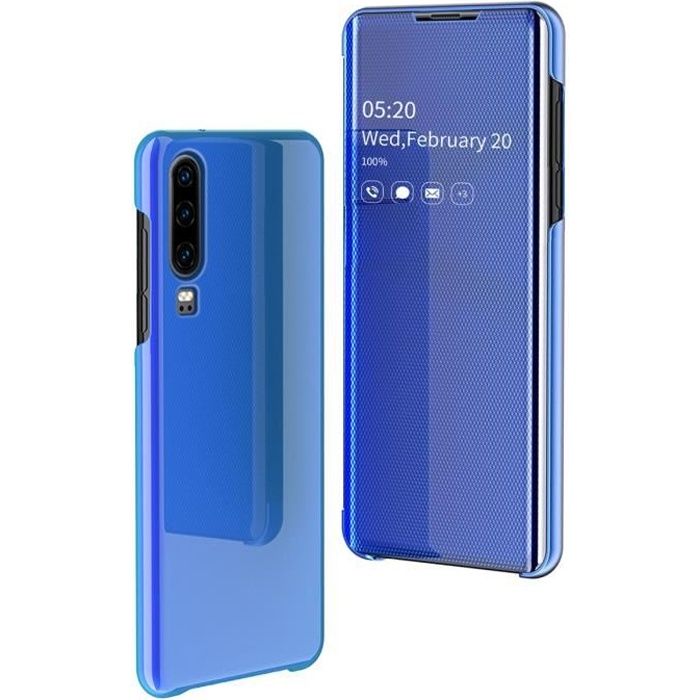 Huawei P30 Coque View Miroir Translucide Flip Cover Standing Antichoc Case - Bleu