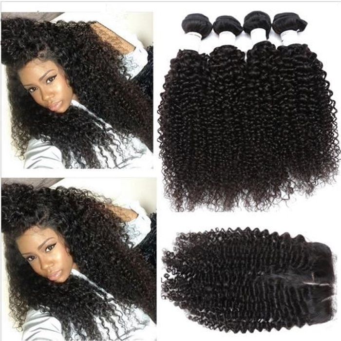 4 TISSAGES 7A PÉRUVIEN VIRGIN HAIR KINKY CURLY WITH LACE CLOSURE Middle Part