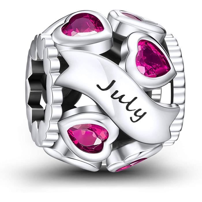 NINGAN Juillet Pierres de Naissance Amour Coeur Charmes Ajouré Perle s'adapte aux Bracelets et Colliers Pandora pour Femmes
