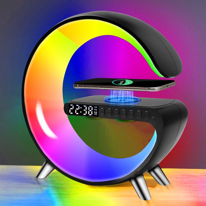 Chargeur sans fil, 15w, avec lumière d'ambiance RGB, affichage de l'heure, réveil programmable, haut-parleur Bluetooth, Noir