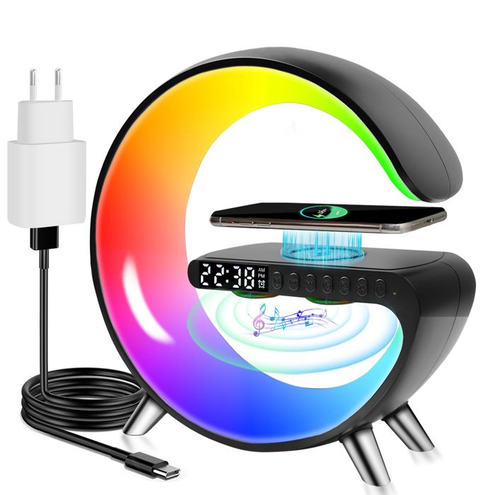 Chargeur sans fil, 15w, avec lumière d'ambiance RGB, affichage de l'heure, réveil programmable, haut-parleur Bluetooth, Noir