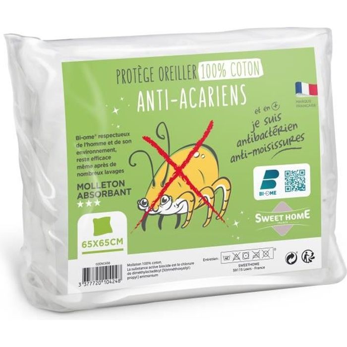 SWEETHOME Protège-oreiller 100% coton - Anti-acariens - 65x65 cm
