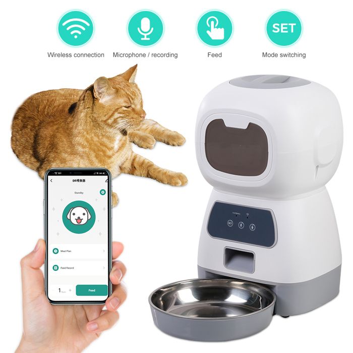 Comparer les prix de Distributeur Croquettes Automatique WIFI- Distributeur Croquettes Chat avec Minuterie Programmable - Grande capacité 3.5L