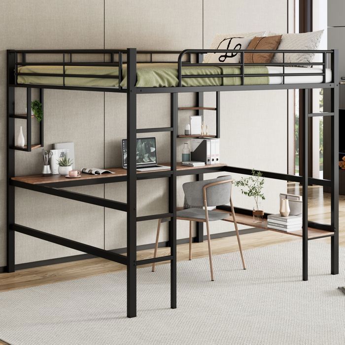 Lit Mezzanine - 140x200 cm - Métal Noir - Bureau et Bibliothèque - 2 Étagères
