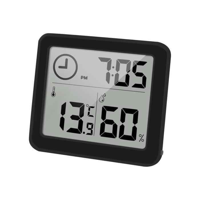 Meilleurs prix pour Thermomètre digital intérieur Mini LCD Thermomètre Hygromètre Interieur avec Horloge pour Maison Bureau Noir Étiquette