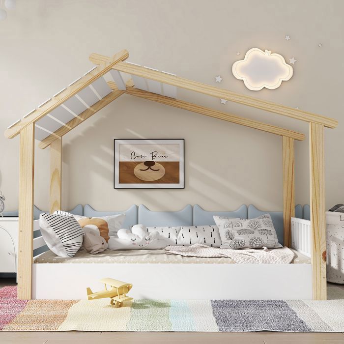Lit enfant 90x200 cm design exquis de maison en bois cadre à lattes robuste pin+panneau de particules+MDF blanc+bois naturel